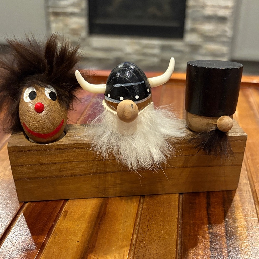 Vintage Handmade Wooden Viking with Horns Hair and Friends Cork Stoppers Japan